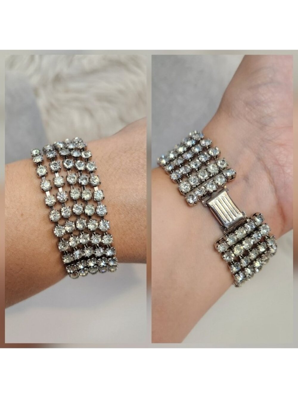 Vintage 4 Row Rhinestone Bracelet Silver Tone Wide Cuff Art Deco Revival Costume